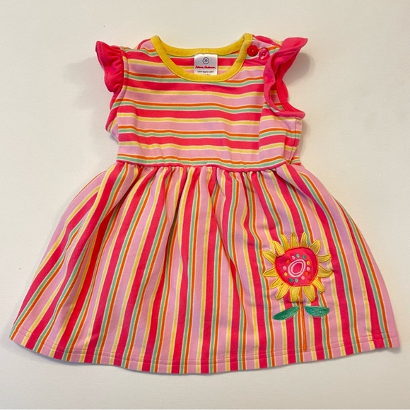 Hanna Andersson Other - Hanna Andersson Girls Striped Sunflower Dress Organic Pink 70 Size 6-12 months